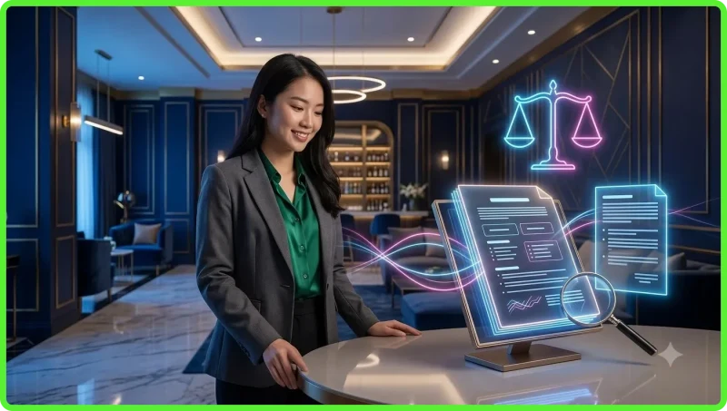 Hình ảnh minh họa về một chuyên gia đang xem xét các điều khoản dịch vụ trực tuyến trên giao diện holographic