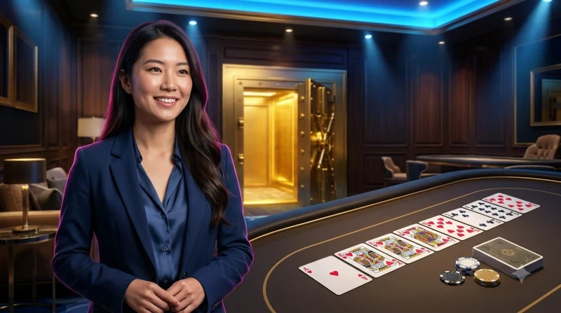 Người chơi bắt đầu chơi poker online trên laptop tại bàn casino sc88 với ánh sáng vàng và xanh dương