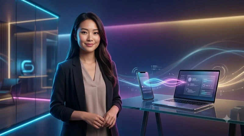 Người dùng đồng bộ SC88 trên điện thoại và máy tính tại không gian làm việc hiện đại