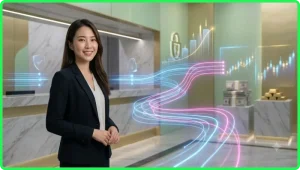 Người dùng theo dõi lịch sử giao dịch và trạng thái cập nhật trên màn hình holographic