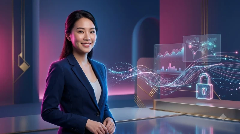 Người phụ nữ cầm điện thoại với biểu tượng thành công và két vàng mở phía sau