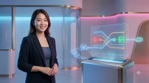 Người phụ nữ nhìn điện thoại với biểu tượng cảnh báo và vòng tải khi giao dịch gặp lỗi