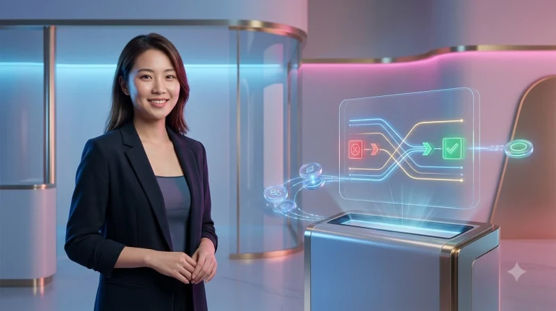 Người phụ nữ nhìn điện thoại với biểu tượng cảnh báo và vòng tải khi giao dịch gặp lỗi