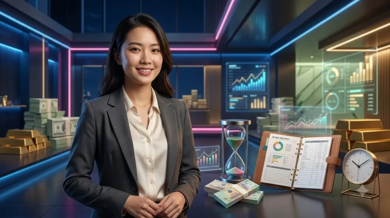 Người phụ nữ viết kế hoạch quản lý thời gian và ngân sách vào sổ tay với đồng hồ cát và điện thoại