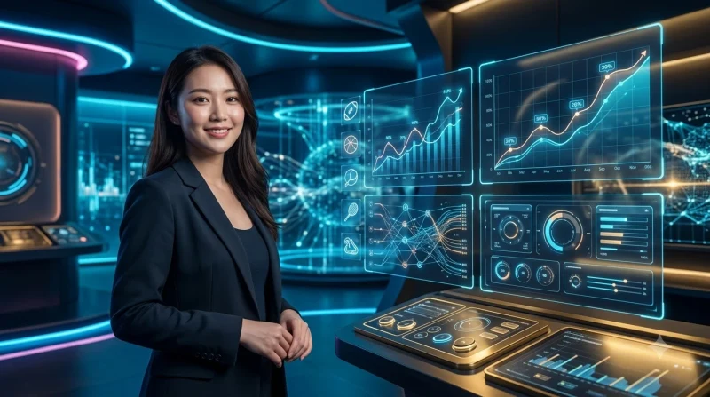 Phân tích dữ liệu tài khoản trên giao diện holographic hiện đại với các bộ lọc thời gian và biểu đồ xu hướng