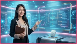 Phụ nữ sang trọng quan sát bàn baccarat, minh họa sự quan tâm đến luật chơi