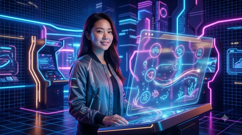 Quy trình chọn phòng bắn cá SC88 hiển thị qua giao diện hologram với các bước rõ ràng