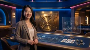 Tay bài poker được sắp xếp theo thứ tự trên bàn casino sc88 với ánh sáng vàng và xanh dương