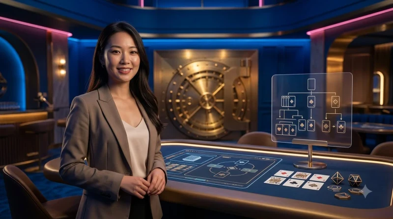 Tay bài poker được sắp xếp theo thứ tự trên bàn casino sc88 với ánh sáng vàng và xanh dương